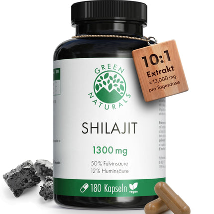 Original Himalaya Shilajit - augsta deva: 13 000 mg Shilajit dienā (10:1 ekstrakts) + 50% fulvīnskābe + 12% humīnskābe - 3 mēnešu krājums (180 kapsulas) - bez piedevām - Green Naturals®