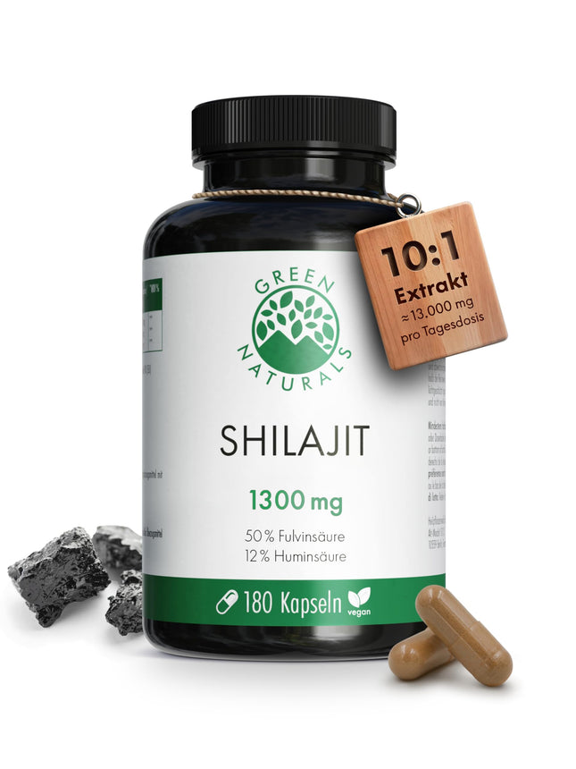 Original Himalaya Shilajit - augsta deva: 13 000 mg Shilajit dienā (10:1 ekstrakts) + 50% fulvīnskābe + 12% humīnskābe - 3 mēnešu krājums (180 kapsulas) - bez piedevām - Green Naturals®