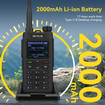 Retevis C62 rācija ar divu joslu savienojumu, liela darbības rādiusa radioamatieru divvirzienu radio, 2000 mAh uzlādējama rācija pieaugušajiem, pārgājieniem/medībām/kempingam (melna, 2 iepakojumā)