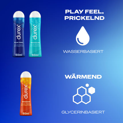Durex Play lubrikanta universālais maisījuma iepakojums sievietēm un vīriešiem - komplekts ar uz ūdens bāzes veidotu lubrikantu seksam un prezervatīvu lietošanai (3 x 50 ml)