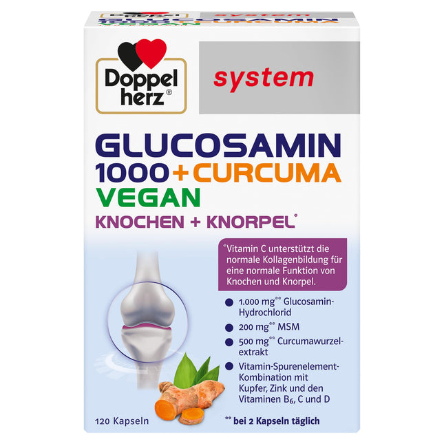 Doppelherz sistēma GLIKOZAMINS 1000 + KURKUMA VEGĀNS – C vitamīns veicina normālu kolagēna veidošanos normālai skrimšļu un kaulu funkcijai – 120 kapsulas