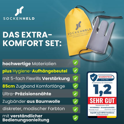 SOCKENHELD® 2-in-1 Premium zeķubikses – ar kabatu piekarināšanai papildu aizsardzībai un higiēnai – Ērtas savilcējstieni – Ideāli piemērotas senioriem, grūtniecēm un cilvēkiem ar ierobežotu kustību amplitūdu – 23 cm