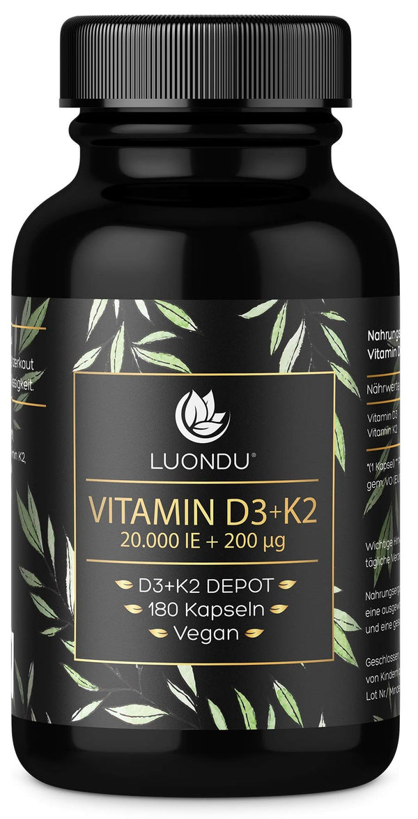 Luondu D3 vitamīns 20 000 SV + K2 vitamīns MK7 200 mcg Depot (augsta deva un vegāns) augsta deva | Bez piedevām, ražots Vācijā (180 kapsulas)