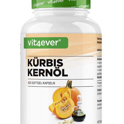 Ķirbju sēklu eļļa - 420 kapsulas - 3000 mg dienā - Ar dabīgo E vitamīnu - Augsta deva - Dabīga un auksti spiesta - Laboratorijā pārbaudīta