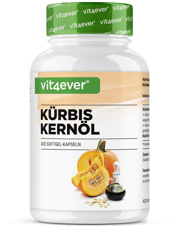 Ķirbju sēklu eļļa - 420 kapsulas - 3000 mg dienā - Ar dabīgo E vitamīnu - Augsta deva - Dabīga un auksti spiesta - Laboratorijā pārbaudīta