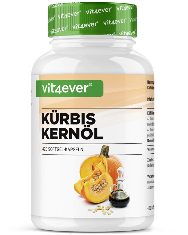 Ķirbju sēklu eļļa - 420 kapsulas - 3000 mg dienā - Ar dabīgo E vitamīnu - Augsta deva - Dabīga un auksti spiesta - Laboratorijā pārbaudīta