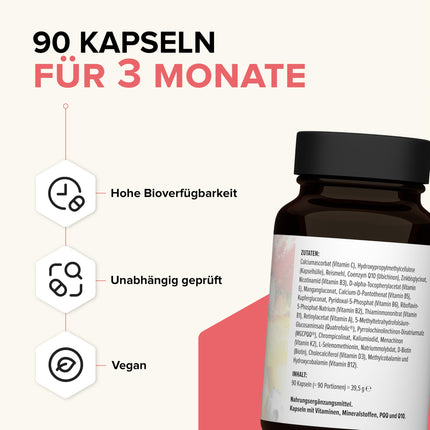 edubily nutrition® multivitamīnu kapsulas ar vitamīniem, minerālvielām un mikroelementiem, piemēram, hromu, jodu, varu, mangānu, molibdēnu, PQQ, Q10, selēnu, cinku, bez dzelzs - 90 mazas kapsulas (multivitamīni ar jodu)