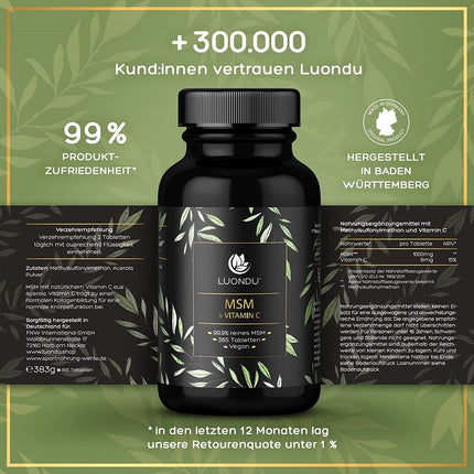Luondu® MSM 2000 mg ar C vitamīnu dienā - 365 MSM tabletes ar augstu devu - MSM sēra tabletes - MSM ar augstu devu, vegānisks un bez piedevām