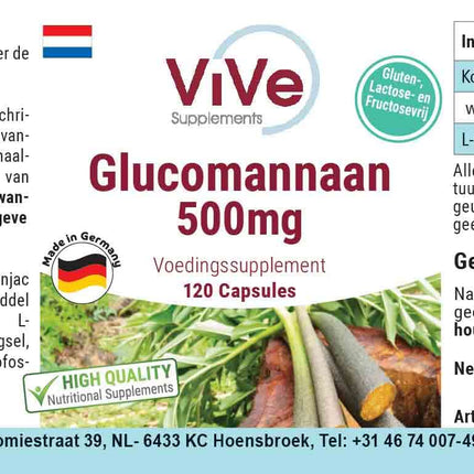 Glikomanāns 500 mg - 120 vegānas kapsulas no konjaka saknes ekstrakta - dabīgs pildvielas palielinātājs, šķiedrvielas | Kvalitāte no Vācijas, ko nodrošina ViVe Supplements