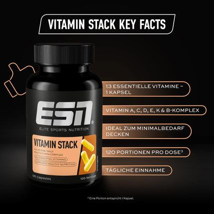 ESN vitamīnu komplekts, multivitamīnu kapsulas, 120 kapsulas - 4 mēnešu krājumi, augsta deva, 13 vērtīgi vitamīni vienā kapsulā, tikai 1 kapsula dienā, ražots Vācijā