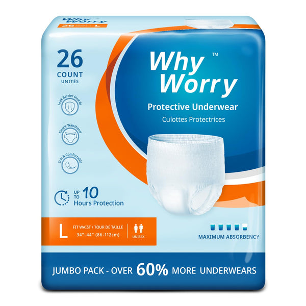 WhyWorry nesaturēšanas biksītes vīriešiem un sievietēm, nesaturēšanas biksītes sievietēm un vīriešiem, pieaugušo vienreizējās lietošanas autiņbiksītes, aizsardzība pret noplūdi visas nakts garumā, aizsardzība pret smaku, unisex, L izmērs, 26 iepakojumā