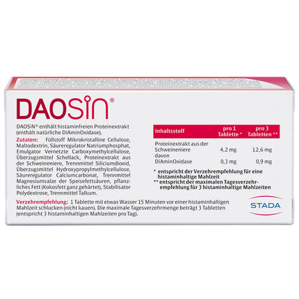 DAOSiN tabletes organisma DAO enzīma papildināšanai histamīna sadalīšanai no pārtikas, klīniski pārbaudītas, vairāk nekā 90% ieteicamā deva - 120 tabletes
