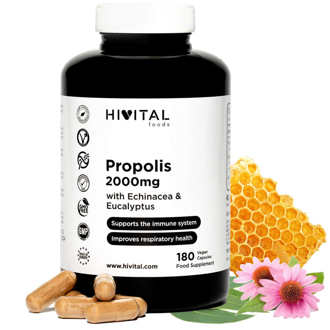 Propoliss 2000 mg. 180 vegāniskas kapsulas 6 mēnešu kursam. Propolisa ekstrakti ar 10% galangīna, ehinācijas ar 4% polifenolu un eikalipta ekstrakti. Ražotājs: HIVITAL