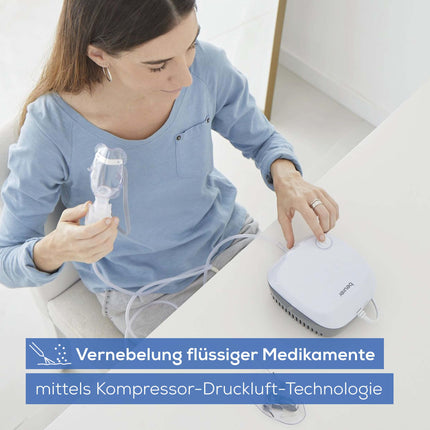 Beurer IH 18 inhalators ar kompresora gaisa tehnoloģiju, inhalācijas ierīce augšējo un apakšējo elpceļu ārstēšanai, piemērota pieaugušajiem un bērniem, balta, 8 daļu komplekts