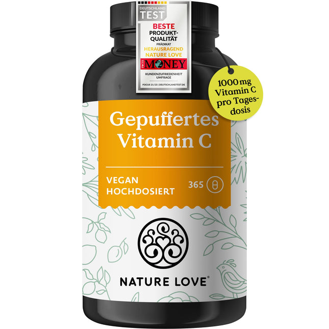 NATURE LOVE® buferēts C vitamīns - Augsta deva ar 1000 mg C vitamīna dienā - 365 kapsulas - pH neitrāls un labi panesams - Vegāns