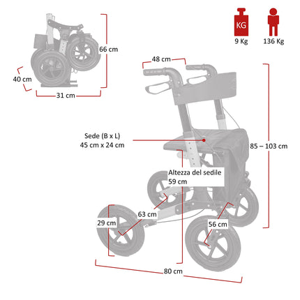 Antar ceļojumu rollators ar pneimatiskajām riepām, vairākkārt salokāms transportēšanai. AT51036