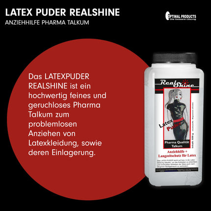Optimal Products lateksa pulveris REALSHINE 650 g I balts talka pulveris, kas piemērots kā pārsiešanas līdzeklis lateksa apģērbam, lateksa cimdiem un to uzglabāšanai I bez smaržas, farmaceitiskas kvalitātes talks, antistatisks