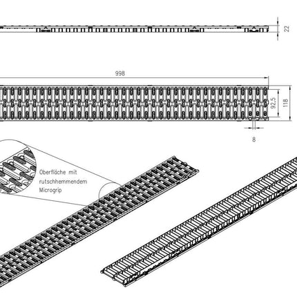 1 m ACO Hexaline 2.0 drenāžas kanāls ar Microgrip režģveida režģi, grīdas kanāls, terases kanāls