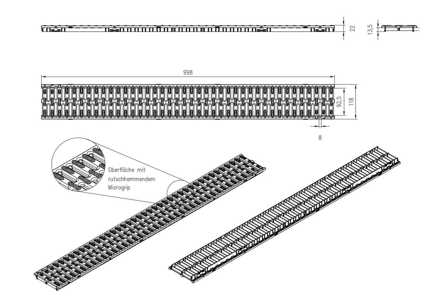 1 m ACO Hexaline 2.0 drenāžas kanāls ar Microgrip režģveida režģi, grīdas kanāls, terases kanāls