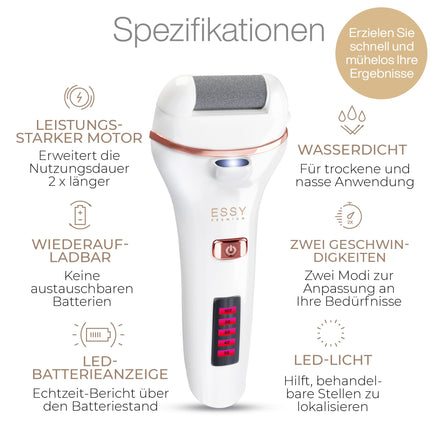 Essy Callus Remover elektriskā testa uzvarētājs ar 5 rezerves rullīšiem Callus Remover elektriskā Callus Remover pēdu kopšanas ierīce pedikīra komplekts elektroniska pēdu kopšanas Callus fails (balts)