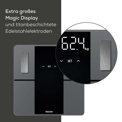 Beurer BF 500 diagnostikas svari ar Bluetooth un lietotni, digitālie ķermeņa tauku svari ar 180 kg celtspēju, analītiskie svari ķermeņa tauku, muskuļu procentuālās daļas, kaloriju nepieciešamības u.c. mērīšanai, XL displejs