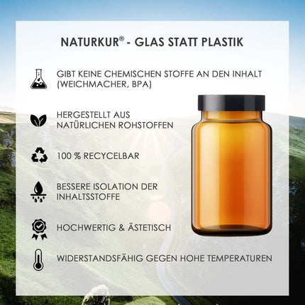 Naturkur® L-tirozīns 500 mg - 240 kapsulas farmaceita stikla burciņā - Tīrs un vegānisks ar vislabāko biopieejamību, roku darbs Lejasfranconijā