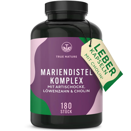 Piena dadža artišoku pienenes holīns – 180 kapsulas – 600 mg piena dadža ekstrakta (480 mg silimarīna) – Atbalsta aknas ar holīnu* – Ar augu rūgtvielām – Vegāns – TRUE NATURE®
