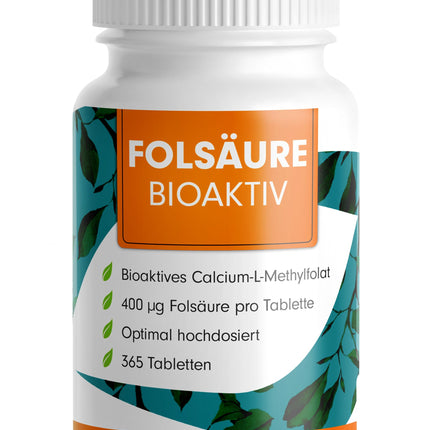 Folijskābe BIOAKTIV 400µg - 365 folskābes tabletes ar bioaktīvo L-5-MTHF folskābi - optimāli dozētas auglībai un grūtniecībai - laboratoriski pārbaudītas ar sertifikātu - 100% vegānas - viena gada krājums