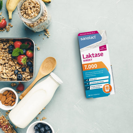 sanotact Lactase 7000 DIRECT (90 mini laktāzes tabletes) • Laktozes tabletes katrai dienai • Laktozes nepanesības, laktozes un piena nepanesības gadījumā • Ātri lietojamas bez ūdens