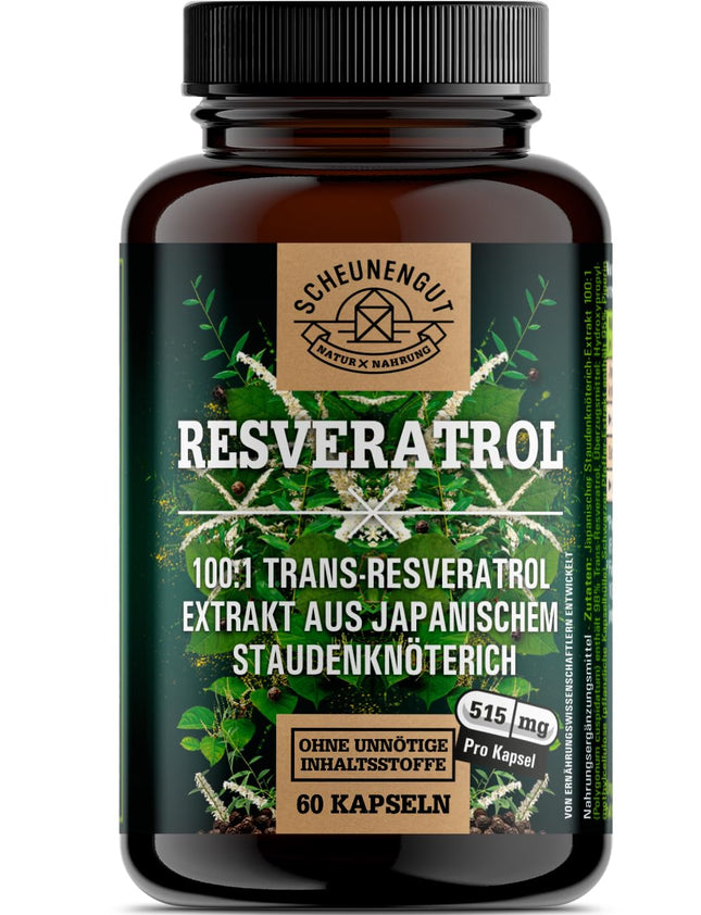 Resveratrols - 1000 mg dienā - SVARĪGI: 100:1 ekstrakts (= 100 000 mg Japānas dižsūrenes saknes) + piperīns | 98% trans-resveratrola liela deva | Laboratorijā pārbaudīts -DE- SCHEUNENGUT®