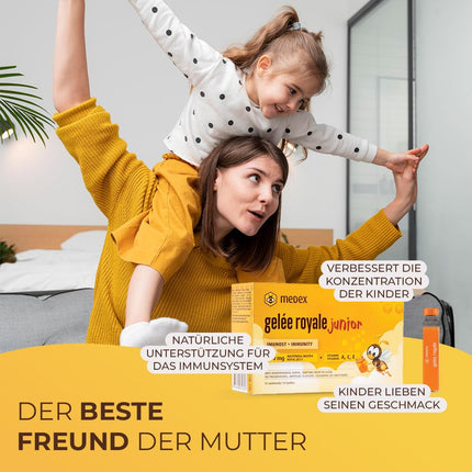 Medex Royal Jelly JUNIOR, svaigs peru pieniņš 250 mg, ar dabīgiem A, C un E vitamīniem, lieliska garša, bez saldinātājiem, bērniem no 3 gadu vecuma, šķidrums ampulās 10 x 9 ml