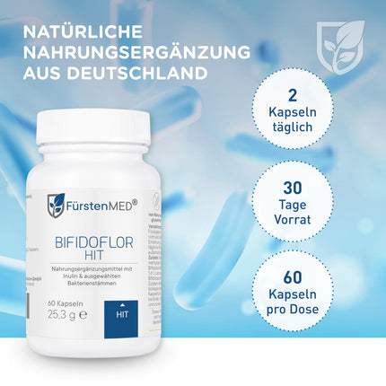 FürstenMED® Bifidoflor HIT - Lactobacillus un Bifidobacterium kapsulas histamīna nepanesības ārstēšanai - 60 kuņģa sulu izturīgas kapsulas ar inulīnu - laboratoriski pārbaudītas, vegānas un bez piedevām