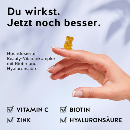 Lācīši ar ieguvumiem hialuronskābes gumijas konfektes - Starojoša āda ar 100 mg augstas devas hialuronskābi, C vitamīnu, cinku, biotīnu - 60 gabaliņi - bezcukura vitamīnu gumijas konfektes