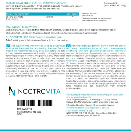 Augstas devas holīns - 700 mg vienā kapsulā - 180 kapsulas | 6 mēnešu krājumi | *Aknu ārstēšana, homocisteīns un lipīdu metabolisms (EFSA) | Vegānu holīna bitartrāts | Nootrovita