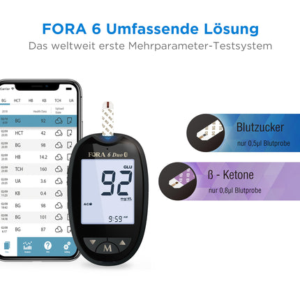 FORA Duo 2-in-1 (asins glikozes, ketonvielu) Bluetooth asins glikozes mērītājs ar 10 ketonvielu testa strēmelītēm