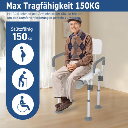 YRHome Augstumā regulējams alumīnija tualetes krēsls, dušas krēsls ar noņemamiem roku balstiem un atzveltni, neslīdošs dušas krēsls, līdz 150 kg, senioriem, grūtniecēm un cilvēkiem ar ierobežotu mobilitāti