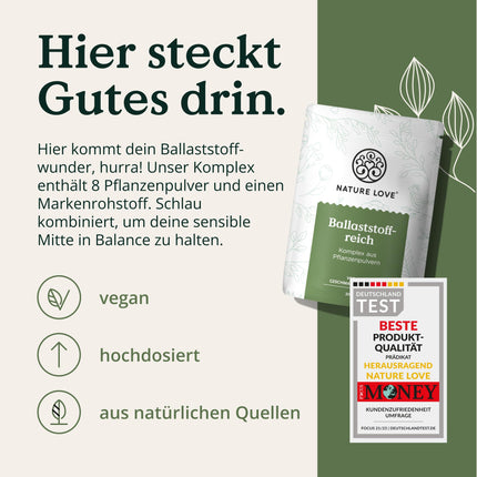 NATURE LOVE® pulveris ar augstu šķiedrvielu saturu - 450 grami - Šķiedrvielas: psilija sēnalas, akācijas šķiedra, inulīns, auzas un citas - ideāls uztura bagātinātājs zarnu attīrīšanai - vegāns un laboratorijā pārbaudīts