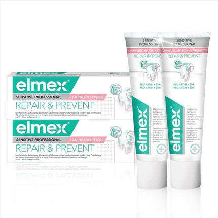 elmex zobu pasta jutīgai ādai Professional Repair &amp; Prevent 2x75ml – medicīniska zobu tīrīšana tūlītējai*, ilgstošai aizsardzībai – novērš smaganu atkāpšanos un jaunu sāpju rašanos