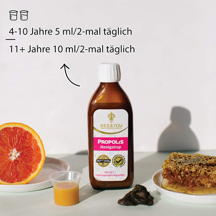BEE&amp;YOU propolisa medus sīrups, bērniem ar C vitamīnu, uztura bagātinātājs bērniem, 100% dabīgs un bez piedevām, 33 starptautiskas balvas, 12 sertifikāti, bez glutēna, bez cukura