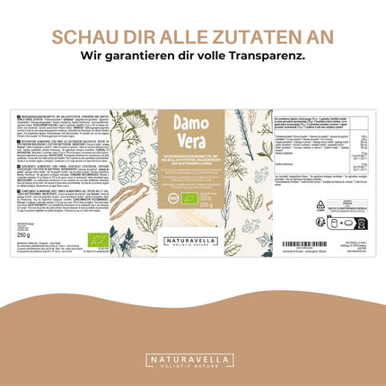 DamoVera® Bioloģiska zarnu trakta ārstēšana no ekspertiem | Augstākās kvalitātes organisko šķiedru, organisko garšvielu un baktēriju kultūru komplekss | Augsti koncentrēts, vegāns un laboratorijā pārbaudīts, 250 g
