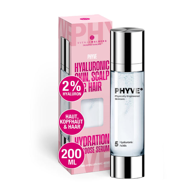 Augstas devas hialuronskābes serums PHYVE 200 ml, vegāns mitrinošs serums sejai, ražots Vācijā, ar 2% tīra, ļoti koncentrēta hialuronskābes pārdozēšanas pastiprinātāja no Svenjas Valbergas