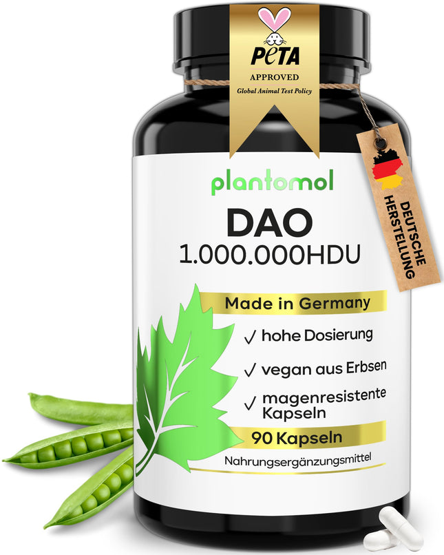 DAO kapsulas — 1 000 000 HDU — tikai 1 kapsula dienā — DAO enzīms no zirņiem — vegāns DAO — 1 miljons histamīnu noārdošu vienību — 3 mēnešu krājums