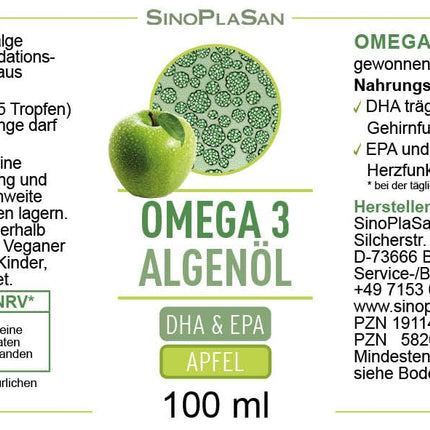 Augstākās kvalitātes Omega 3 aļģu eļļa | augsta deva | Dabīgs DHA un EPA sirdij, smadzenēm un redzei | vegāns | 100 ml | 40 dienu krājumi | (Ābols)