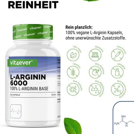 L-arginīns - 365 kapsulas - 6000 mg tīra L-arginīna vienā dienas devā - Ražots augu fermentācijas ceļā - Augsta deva - Bez piedevām - Vegāns