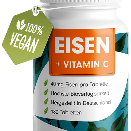 Dzelzs tabletes 180x ar 40 mg dzelzs + C vitamīnu (40 mg) no mežrozīšu augļiem - VEGĀNAS tabletes ar bioloģiski pieejamu, augstu bisglicināta devu - bez nevēlamām piedevām