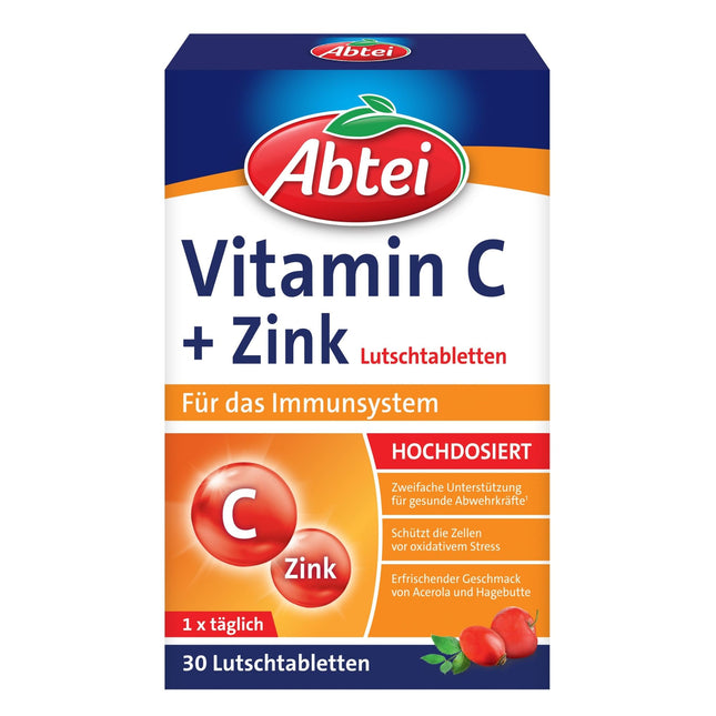 Abtei C vitamīns + cinks - vērtīgs vitamīnu uztura bagātinātājs pastilām - imūnsistēmas un šūnu aizsardzības atbalstam - bez glutēna, vegāns - 1 x 30 pastilas