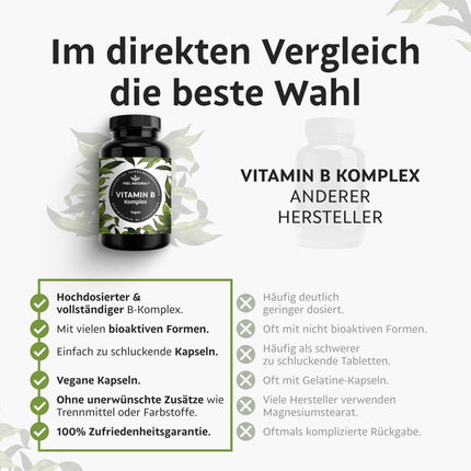 Augstas devas B vitamīnu komplekss - 180 vegānas kapsulas - Visi 8 B vitamīni (B1, B2, B3, B5, B6, B7, B9, B12) - 500µg B12 vitamīna - bioaktīvās B vitamīna formas - laboratoriski pārbaudītas, ražotas Vācijā