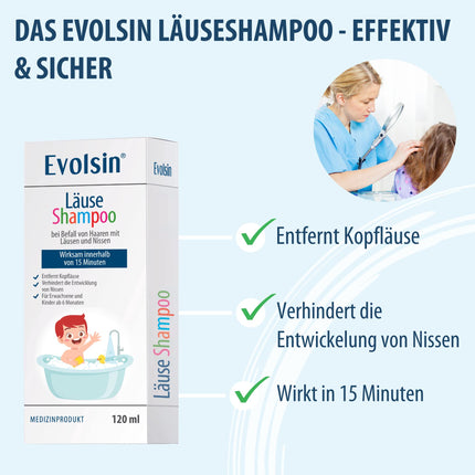 Evolsin® 120 ml utu šampūns un utu ķemme pieaugušajiem un bērniem no 6 mēnešu vecuma – matu invāzijas ar gnīdām un galvas utīm gadījumā – utu līdzeklis saudzīgs pret galvas ādu – iedarbojas 15 minūšu laikā