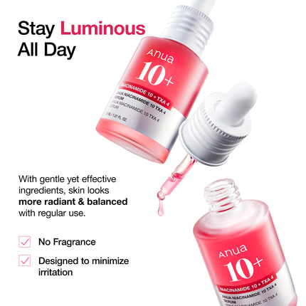 ANUA 10% niacinamīda + 4% traneksāmskābes serums, keramīds, hialuronskābe, B12 vitamīns, dabīga krāsa, jutīgai ādai, korejiešu stikla ādai, bez smaržvielām (30 ml)