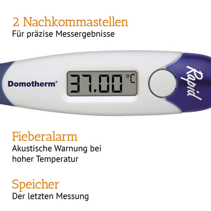 Domotherm Rapid - digitālais drudža termometrs ar 2 zīmēm aiz komata, atmiņu, elastīgu galu, piemērots zīdaiņiem un bērniem